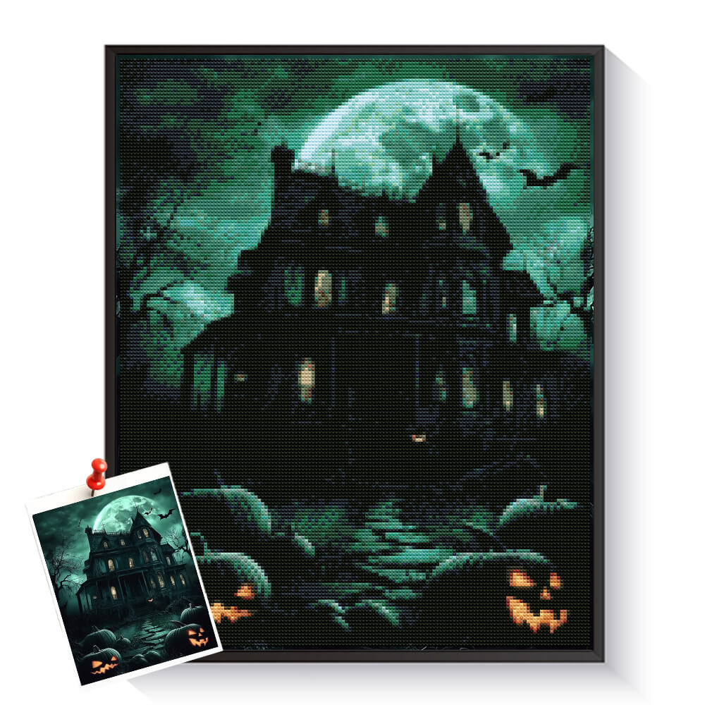 Custom haunted house diamond painting created from a spooky Halloween photo – DYCDIY