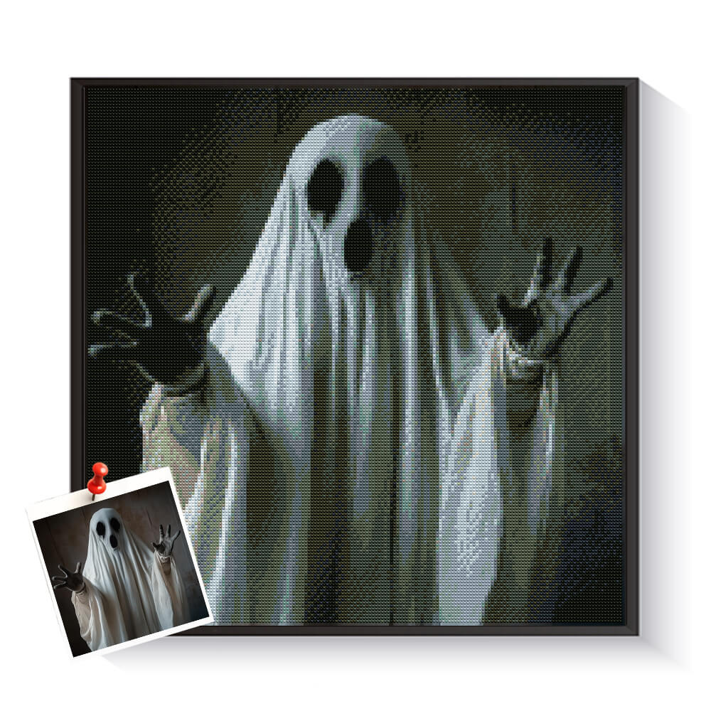 Custom Halloween ghost diamond painting created from a spooky holiday photo – DYCDIY