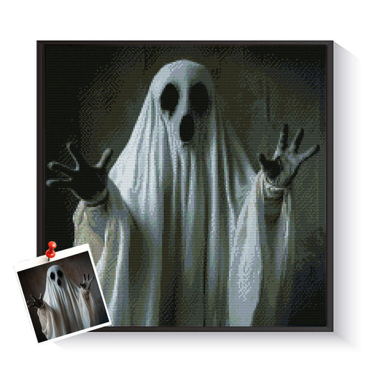 Custom Halloween ghost diamond painting created from a spooky holiday photo – DYCDIY